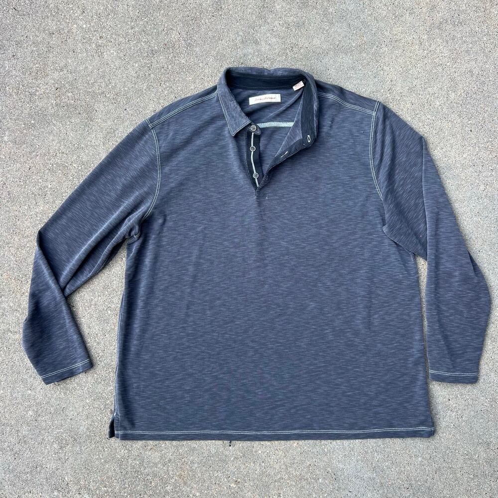 Tommy Bahama XXL Long Sleeve Dark Gray Navy Polo Shirt READ